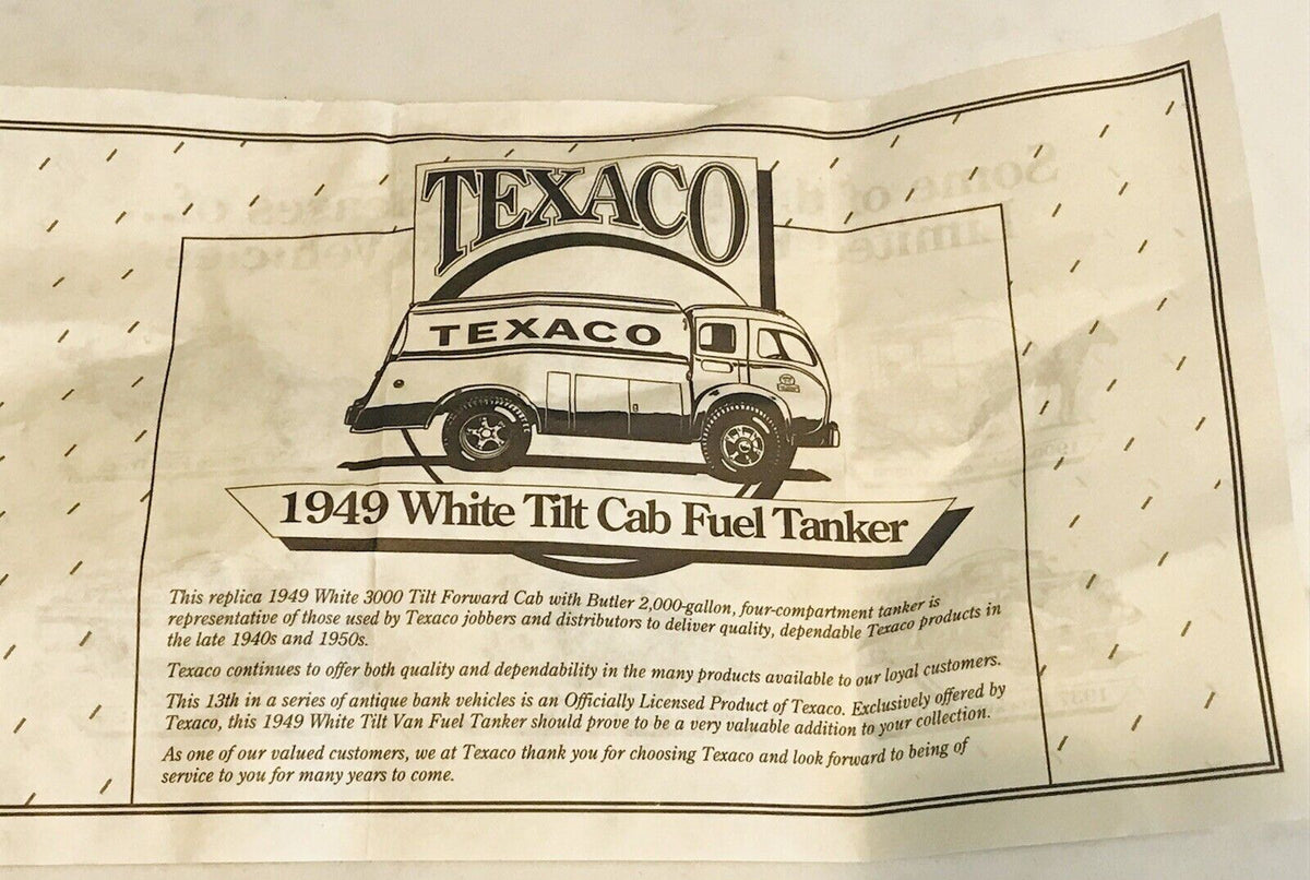 VINTAGE ERTL 1949 TEXACO WHITE TILT CAB FUEL TANKER TRUCK W Papers USED