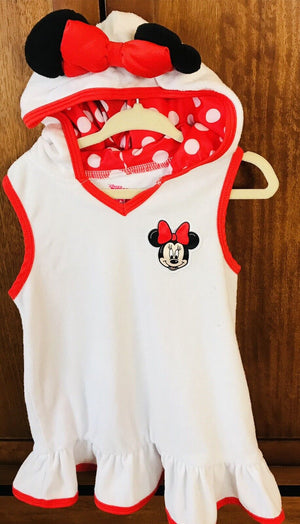Disney Jr. Minnie Mouse Red And White Minnie Ears Hooded Swimsuit Cover 3T USED