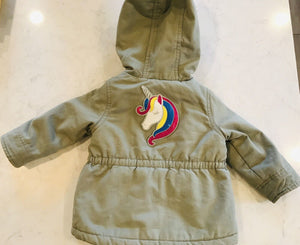 USED Children’s Place: Unicorn Hooded Green Parka W Pink Furry Lining Baby 12-18M