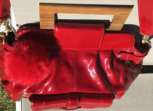 ZINA & EVA Apple Red 5 Pocket Patent Leather Bag Over Shoulder/Wood Handle USED
