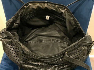 Vtg BRIO Black LEATHER Perforated 15" Side Cinch | Split Sided Zipper | Bag USED