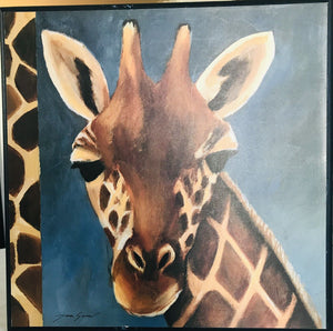 Artist TARA GAMEL: Exotic Safari Giraffe Mini Print On Wood Blue Plaque USED