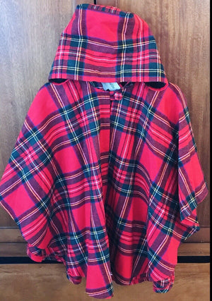 Girls O’Neil of Dublin Ireland Red Tartan Plaid Hood Cape, Wool Blend, szM USED
