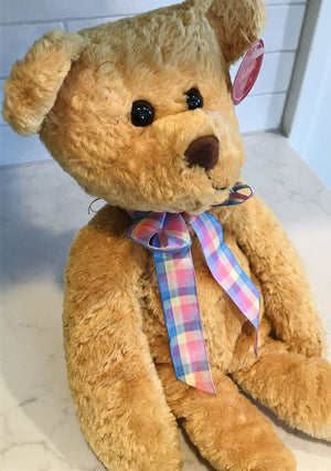 ANICO Tan Bear W Pink & Blue Plaid Bow, Long Legs, Weighted Bottom With Tag! USED