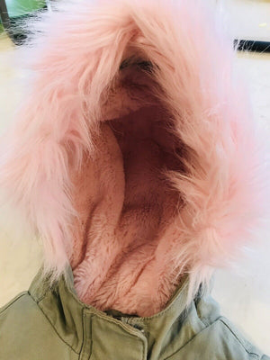 USED Children’s Place: Unicorn Hooded Green Parka W Pink Furry Lining Baby 12-18M