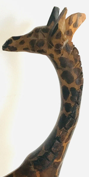 Vintage Hand Carved Wood 12.5” Giraffe Hand Painted On Base With Head Turned