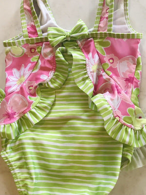 USED FLAP HAPPY Baby Girl 18 Months Pink And Green Flower 1 Piece EUC- Pretty Suit!