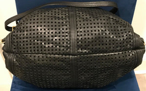 Vtg BRIO Black LEATHER Perforated 15" Side Cinch | Split Sided Zipper | Bag USED