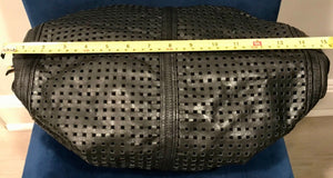Vtg BRIO Black LEATHER Perforated 15" Side Cinch | Split Sided Zipper | Bag USED
