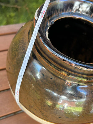 Vintage 2Qts Two Tone White+Brown 7” wBlue #2, One Handle Crock/Bean Pot