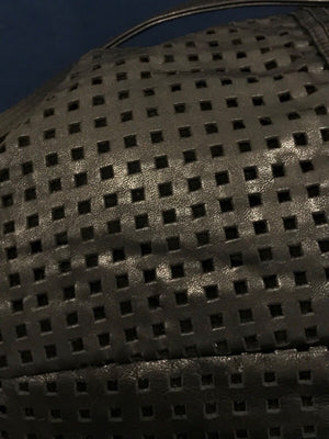 Vtg BRIO Black LEATHER Perforated 15" Side Cinch | Split Sided Zipper | Bag USED