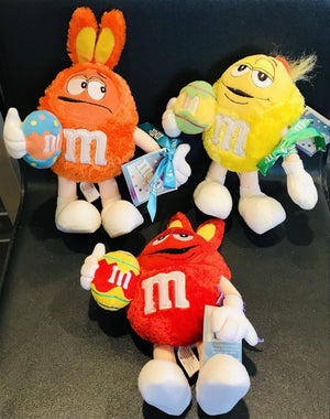 VINTAGE 03’-04’ PLUSH USED M&Ms Lot of 3: Easter Posable Orange, Red &Yellow W TAGS!!
