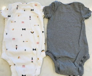 Carter’s Set of 2: Blue, White Striped & White W Cat SS 3M Bodysuits USED