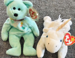 LOT: Ariel Green Bear 00’ & Mystic White Unicorn Beanie Baby 1994 USED