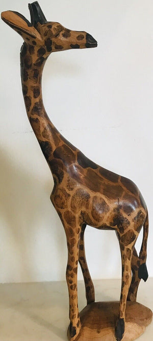 Vintage Hand Carved Wood 12.5” Giraffe Hand Painted On Base With Head Turned