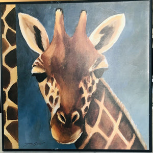 Artist TARA GAMEL: Exotic Safari Giraffe Mini Print On Wood Blue Plaque USED