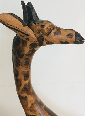 Vintage Hand Carved Wood 12.5” Giraffe Hand Painted On Base With Head Turned