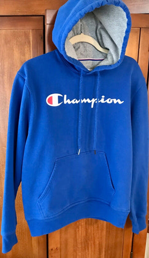 USED Champion Men's Authentic Atheleticwear Blue Hoodie Sweatshirt Script Logo Small