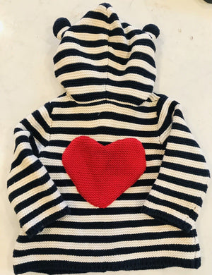 USED Baby Gap Blue & White Striped Heart Hooded Sweater w Ears 3-6M / Adorable! Warm!