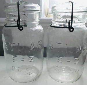 TWO Vintage ATLAS E-Z Seal Qt Jars Clear Glass W/ Lid. H11 & H6. Gr8 Condition!