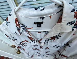 Ann Taylor White w Leopard Animal Flowy L/S Two Pocket Blouse SzM USED