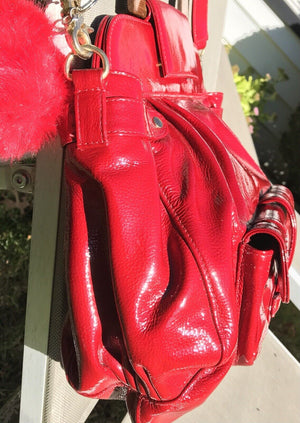 ZINA & EVA Apple Red 5 Pocket Patent Leather Bag Over Shoulder/Wood Handle USED