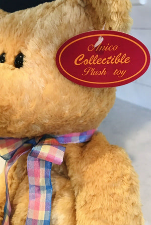 ANICO Tan Bear W Pink & Blue Plaid Bow, Long Legs, Weighted Bottom With Tag! USED