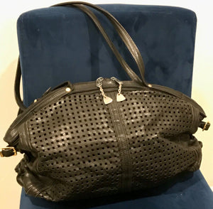 Vtg BRIO Black LEATHER Perforated 15" Side Cinch | Split Sided Zipper | Bag USED