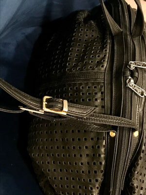 Vtg BRIO Black LEATHER Perforated 15" Side Cinch | Split Sided Zipper | Bag USED