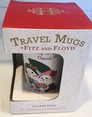 Travel Mugs by Fitz & Floyd Xmas “Baby It’s Cold Outside” 11oz Porcelain W Lid