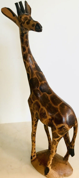 Vintage Hand Carved Wood 12.5” Giraffe Hand Painted On Base With Head Turned