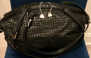 Vtg BRIO Black LEATHER Perforated 15" Side Cinch | Split Sided Zipper | Bag USED