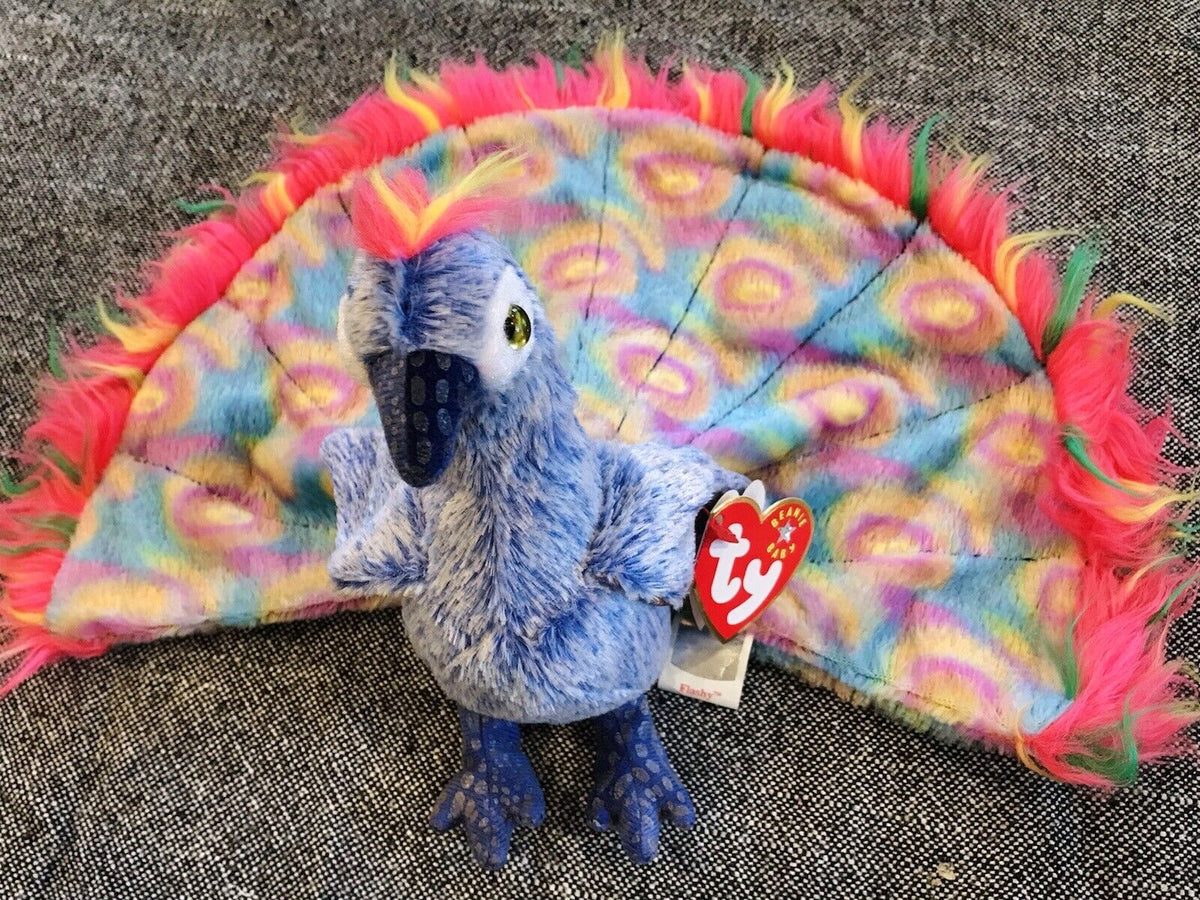 2000 FLASHY Ty Beanie Baby Blue PEACOCK Colorful Plume Stuffed DOB 12-30-00 USED