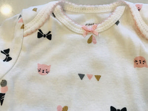 Carter’s Set of 2: Blue, White Striped & White W Cat SS 3M Bodysuits USED