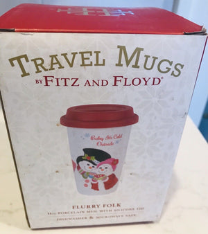 Travel Mugs by Fitz & Floyd Xmas “Baby It’s Cold Outside” 11oz Porcelain W Lid