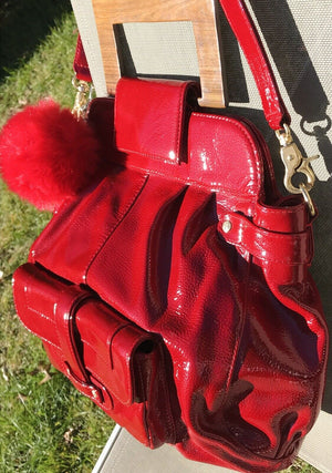 ZINA & EVA Apple Red 5 Pocket Patent Leather Bag Over Shoulder/Wood Handle USED