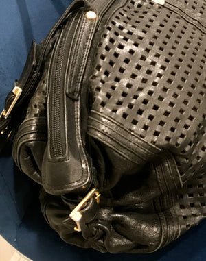 Vtg BRIO Black LEATHER Perforated 15" Side Cinch | Split Sided Zipper | Bag USED