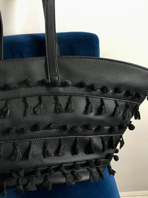 Shiraleah Women’s Black Vegan Leather Pom Pom Style 23" Tote NEW W TAG Stunning!
